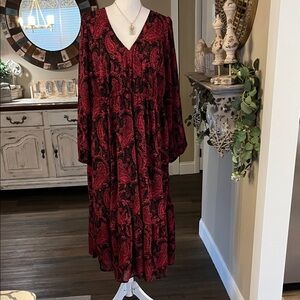 Torrid Red and Black Paisley Long Sleeve Dress